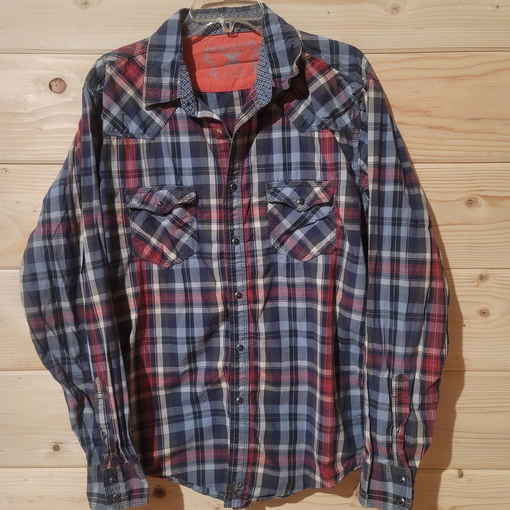 Men's Plaid Casual Button Down Shirt - Gray and Red Size XL 23x28